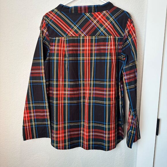 J. Crew Black Red Plaid Jewel Detail Boat Neck 100% Cotton Holiday Blouse Size 6 - Picture 6 of 6